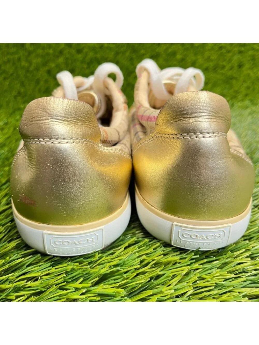 Coach Barrett Tattersall Plaid Women Size 7.5 Cream Gold Athletic Shoes Sneakers